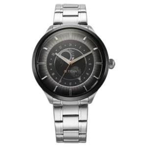 Titan Luna Frost Grey Dial Sun Moon Phase Stainless Steel Watch 10028KM02