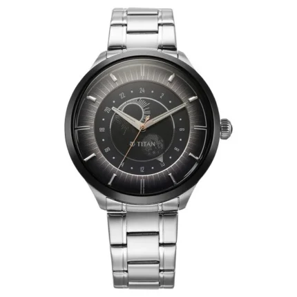 Titan Luna Frost Grey Dial Sun Moon Phase Stainless Steel Watch 10028KM02