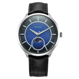 Titan Caelum Cobalt Blue Dial Sun Moon Sub-Dial Leather Strap Watch 10028SL01
