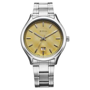Titan Palette of Time Yellow Dial Quartz Analog Date Stainless Steel Watch for Men NT10033SM06