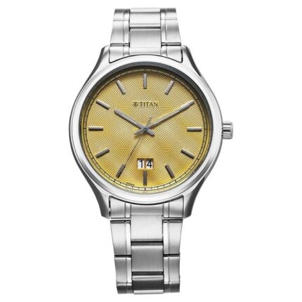 Titan Palette of Time Yellow Dial Quartz Analog Date Stainless Steel Watch for Men NT10033SM06