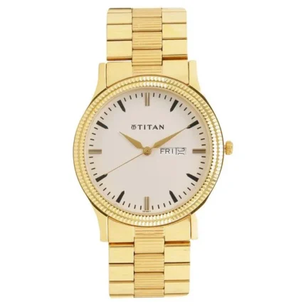 Titan NT1650YM03 White Dial Day Date Analog Gold Stainless Steel Watch for Men