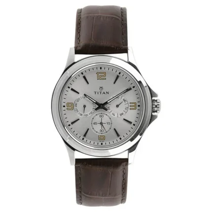 Titan NT1698SL01 Silver Dial Multifunction Men’s Watch with Leather Strap