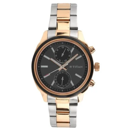 Titan NT1733KM03 Metropolitan Luxe Black Dial Multifunction Men’s Watch with Two-Tone Stainless Steel Strap