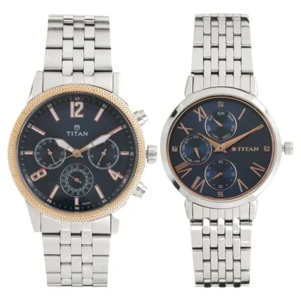 Titan NT17342569KM01 Blue Dial Couple Watch Set with Stainless Steel Straps