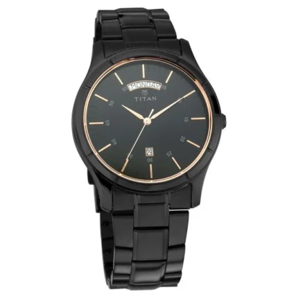 Titan NT1767NM01 Black Dial Day Date Quartz Analog Men’s Watch with Stainless Steel Strap
