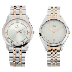 Titan NT17742565KM01 Silver Dial Couple Watch Set with Day-Date and Stainless Steel Straps