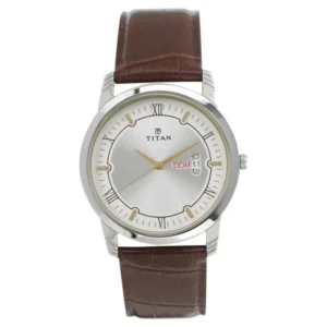 Titan NT1774SL01 Silver Dial Analog Day Date Quartz Men’s Watch with Leather Strap