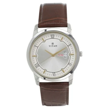 Titan NT1774SL01 Silver Dial Analog Day Date Quartz Men’s Watch with Leather Strap