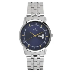 Titan NT1774SM01 Blue Dial Day Date Quartz Analog Men’s Watch with Stainless Steel Strap