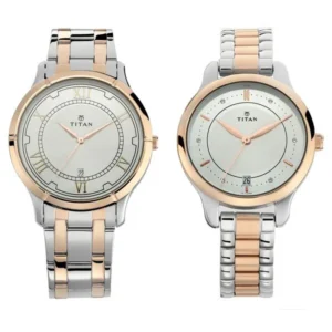 Titan NT17752481KM01 Couple Watch Set with Silver Dial and Two-Toned Stainless Steel Strap