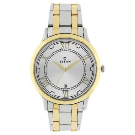 Titan NT1775BM01 Analog Quartz Watch with Date Silver Dial and Two-Tone Stainless Steel Strap for Men