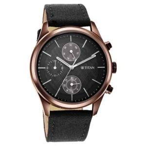 Titan NT1805QP01 Infinity Chrono Blue Dial Chronograph Watch with Leather Strap and Rose Gold Highlights for Men