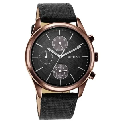 Titan NT1805QP01 Infinity Chrono Blue Dial Chronograph Watch with Leather Strap and Rose Gold Highlights for Men