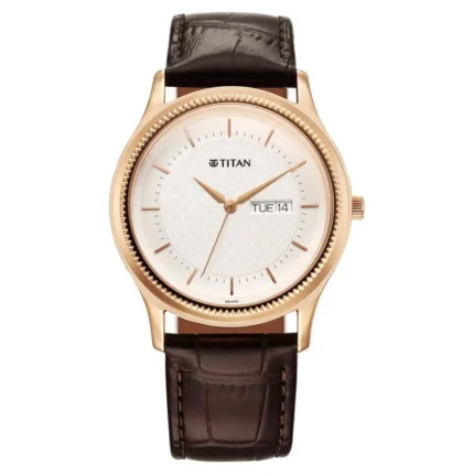 Titan Karishma Silver Dial Quartz Analog Day and Date Leather Strap Watch for Men 1824WL03