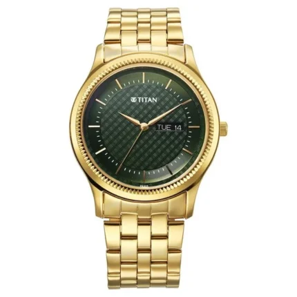 Titan Karishma Green Dial Quartz Analog Day and Date Stainless Steel Watch for Men 1824YM02