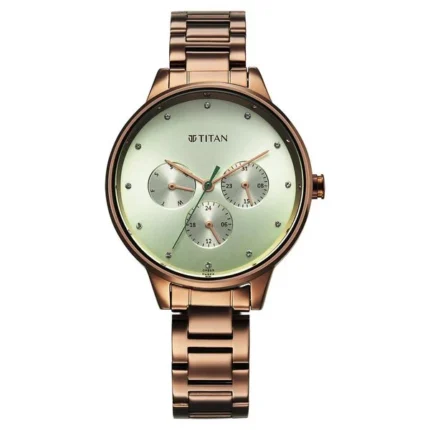Titan Razzle Dazzle Green Dial Quartz Analog Day and Date Brown Stainless Steel Watch for Women 2648QM03