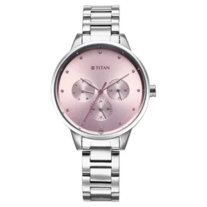 Titan Razzle Dazzle Pink Dial Quartz Analog Day and Date Silver Stainless Steel Watch for Women 2648SM13