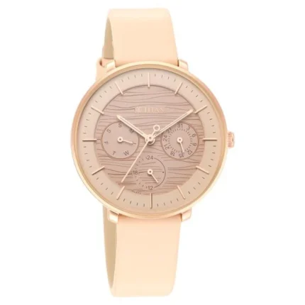 Titan NT2651WL03 Rose Gold Dial Women’s Multifunction Watch with Leather Strap