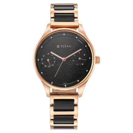 Titan NT2670WD01 Black Dial Women’s Watch with Metal and Acetate Strap