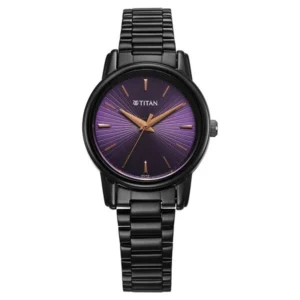 Titan NT2760NM01 Women’s Watch with Purple Dial and Black Stainless Steel Strap