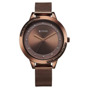 Titan Razzle Dazzle Brown Dial Quartz Analog Stainless Steel Mesh Strap Watch for Women 2764QM01