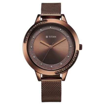 Titan Razzle Dazzle Brown Dial Quartz Analog Stainless Steel Mesh Strap Watch for Women 2764QM01
