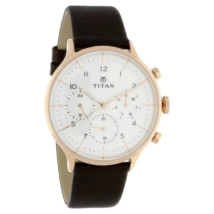 Titan NT90102WL01 White Dial Quartz Multifunction Watch with Brown Leather Strap for Men