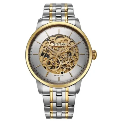 Titan 90110BM01 Men’s Skeleton Automatic Watch with Silver Dial and Dual-Tone Strap