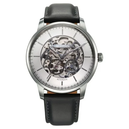 Titan Automatic Silver Dial Watch 90110QL02 with Grey Leather Strap for Men
