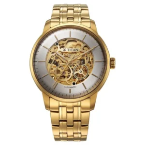 Titan 90110YM01 Skeleton Automatic Men’s Watch with Silver Dial and Gold Strap