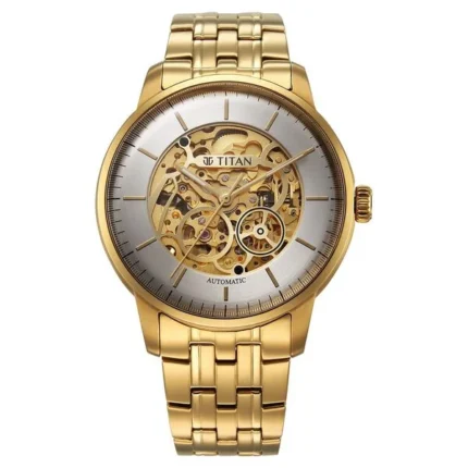 Titan 90110YM01 Skeleton Automatic Men’s Watch with Silver Dial and Gold Strap