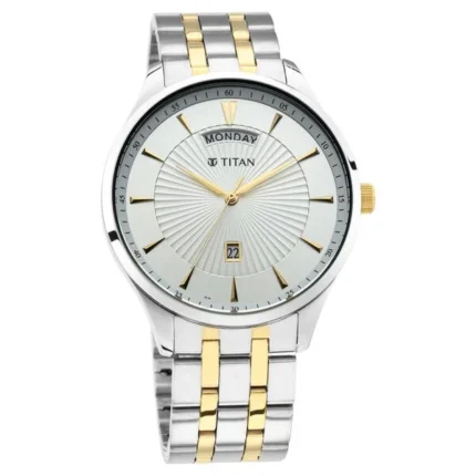 Titan NT90127BM01 Regalia Opulent White Dial Day and Date Analog Watch for Men with Stainless Steel Strap
