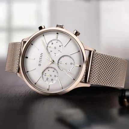 Titan NT90134WM01 Light Leathers Silver Dial Quartz Multifunction Watch with Stainless Steel Strap for Men