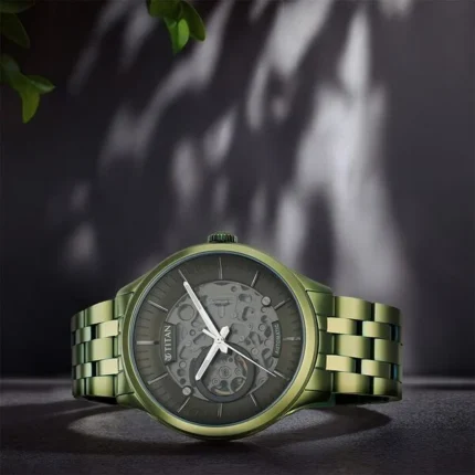 Titan Mechanical Black Dial Green Stainless Steel Strap Watch for Men NT90140QM01