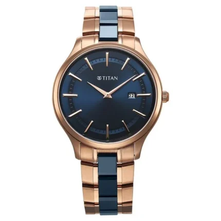 Titan Slim Ceramic Fusion Blue Dial Quartz Analog with Date Stainless Steel Watch for Men 90142KD03