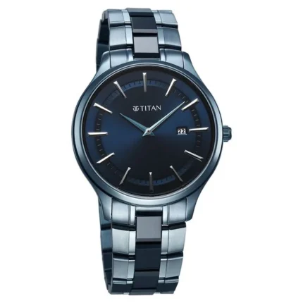 Titan Slim Ceramic Fusion Blue Dial Quartz Analog with Date Stainless Steel Watch for Men 90142QD01