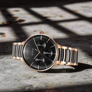 Titan NT90148KD03 Ceramic Fusion Black Dial Multifunction Watch with Rose Gold Dual-Tone Stainless Steel Strap for Men