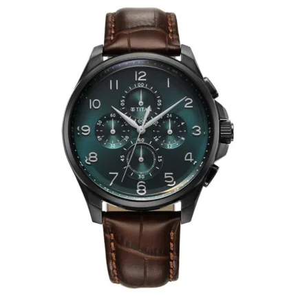 Titan NT90169NL01 Classic Chrono Blue Dial Quartz Multifunction Leather Watch for Men