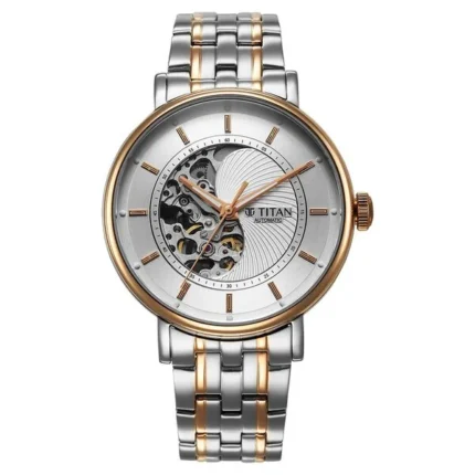 Titan 90222KM01 Skeleton White Dial Automatic Men’s Watch with Silver & Rose Gold Strap