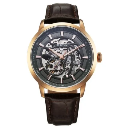 Titan 90223WL01 Men’s Skeleton Watch with Gun Dial and Brown Leather Strap
