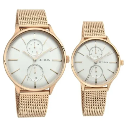 Titan NT9400394203WM01 White Dial Multifunction Couple Watch Set with Stainless Steel Strap