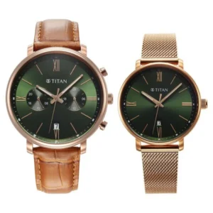 Titan NT9400794207WZ03 Couple Watch Set with Green Leather and Stainless Steel Straps