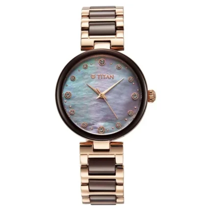 Titan Purple Ceramics Mother of Pearl Dial Analog Stainless Steel Ceramic Strap Watch for Women NS95214KD03
