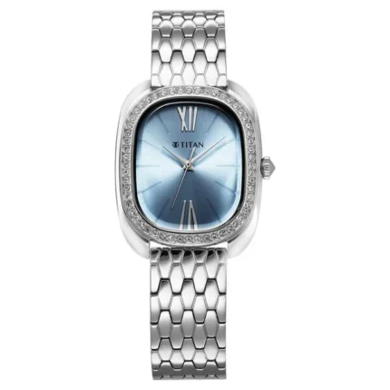 Titan Glamour 95317SM01 Women’s Watch with Blue Dial and Silver Strap