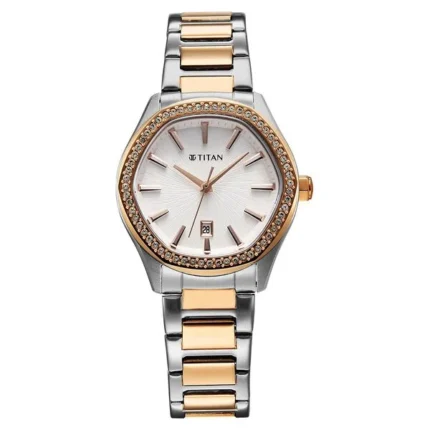 Titan 95326KM01 Women’s Watch with Silver Dial and Two-Toned Stainless Steel Strap
