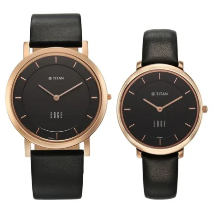 Titan Edge NT15952655WL01 Couple Black Dial Leather Strap Watch Set