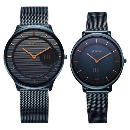 Titan Edge NT18432655QM01 Couple Blue Dial Stainless Steel Strap Watch Set