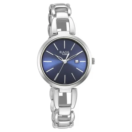 Titan Raga Viva Women’s Watch with Blue Dial, Date Display, and Silver Metal Strap – NT2642SM02