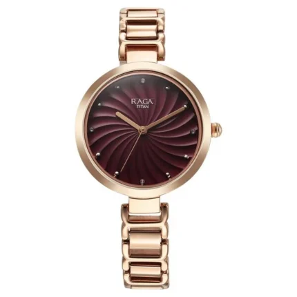 Titan Raga Memoirs NT2752WM01 Women’s Watch with Burgundy Dial and Rose Gold Strap